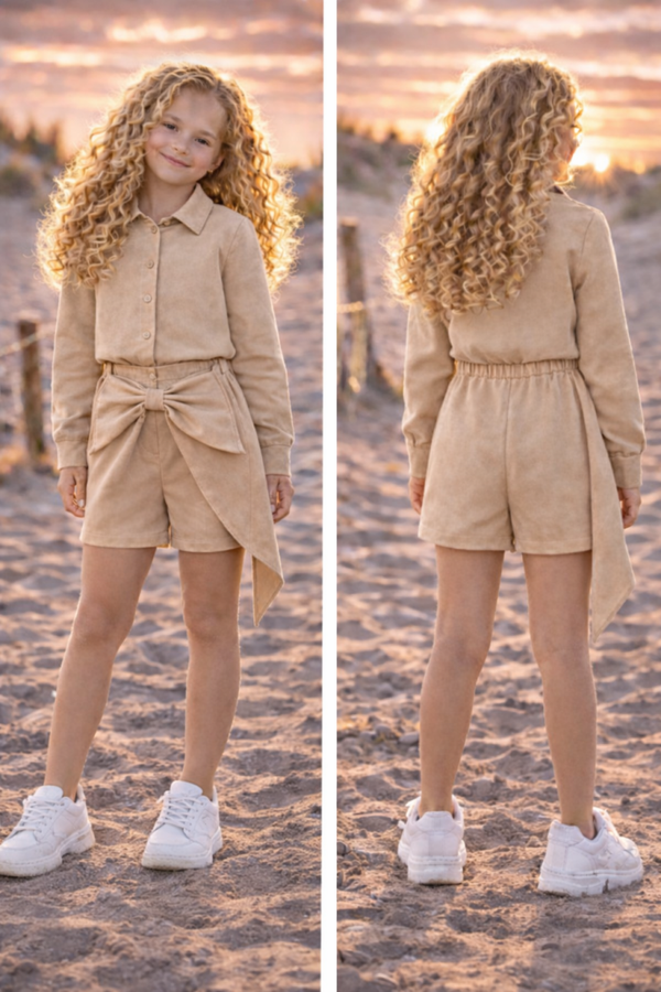 Tweedelig velvet set beige