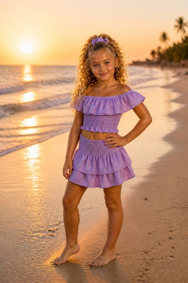 Lila meisjes set – off-shoulder top en rokje