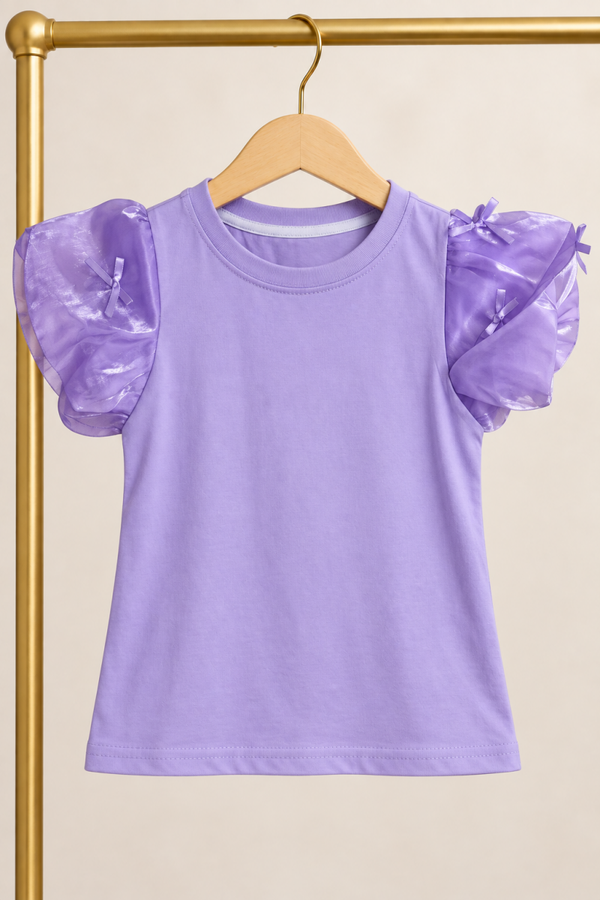 Lila top met tule mouw met strikjes