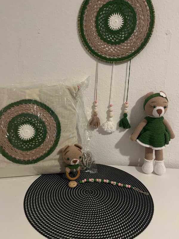 Handgefertigtes Baby Geschenkset | Häkelbär | Traumfänger | Schnullerkette | Greifling | Geburtsgeschenk | Taufe | Babyzimmer Deko