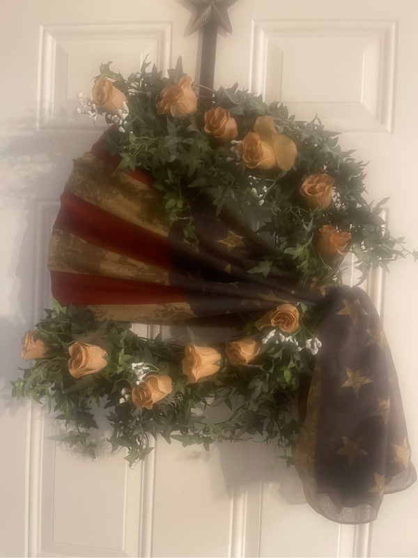 Patriotic Elegance Grapevine Wreath with Vintage Scarf