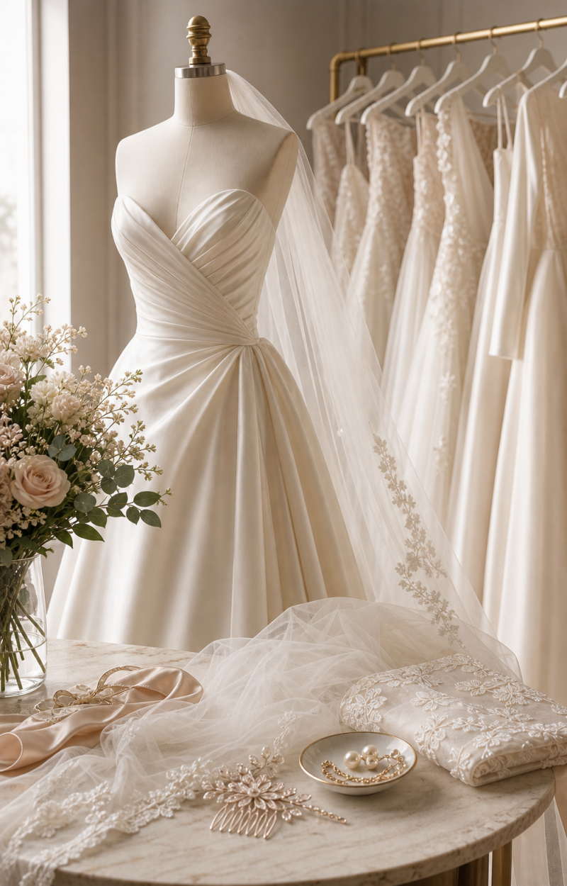 Imagen editorial fotorealista para Tendencias en vestidos de novia 2025: elegancia natural y detalles con carácter
