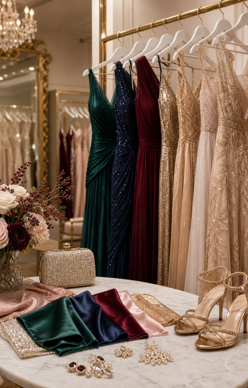 Imagen editorial fotorealista para Tendencias en vestidos de fiesta 2025: colores y estilos que triunfan