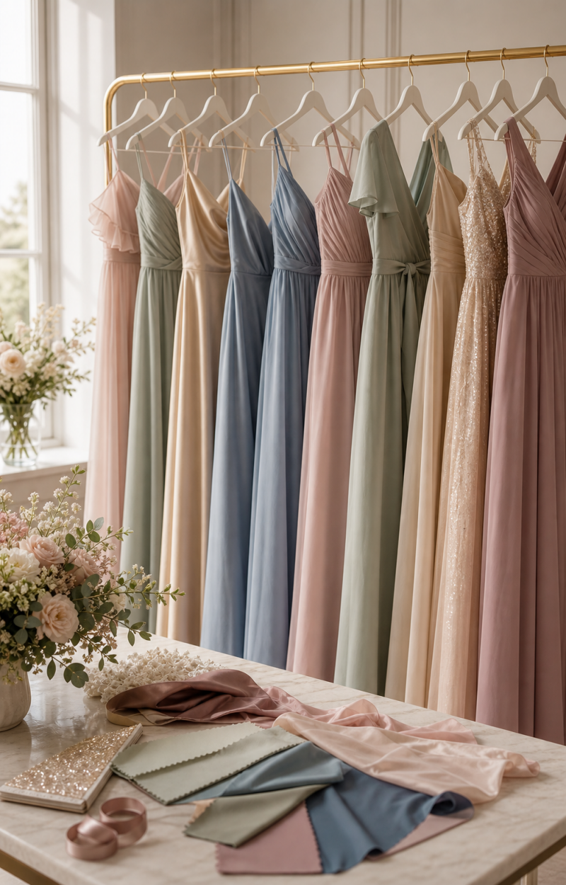 Imagen editorial fotorealista para Mix & Match: la tendencia para damas de honor que arrasa en bodas 2025
