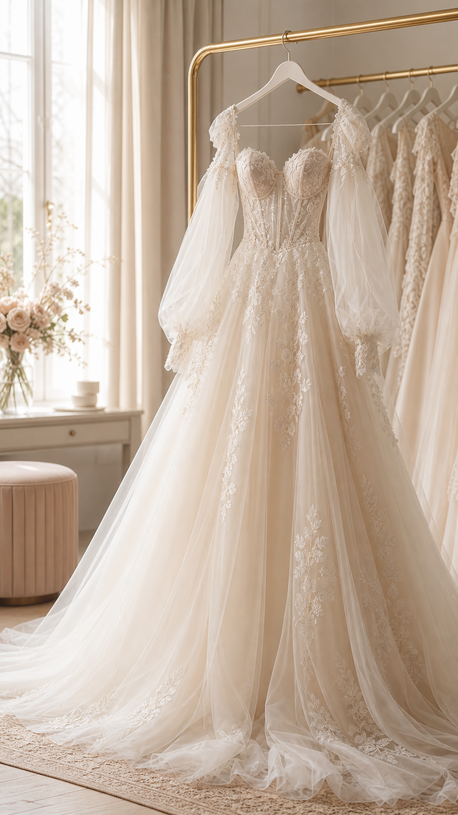 Vestido de novia romántico con mangas de tul y bordados florales en atelier.