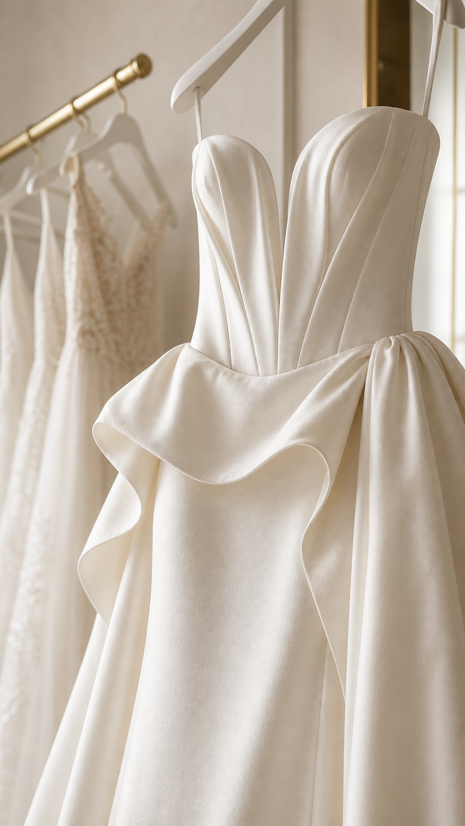 Detalle de vestido de novia minimalista con cuerpo estructurado y escote escultórico.