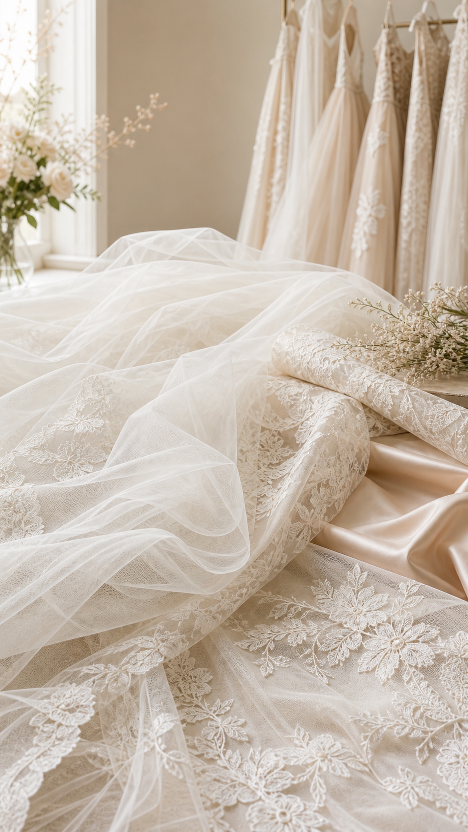 Detalle editorial de tul, encaje y tejidos de novia superpuestos.