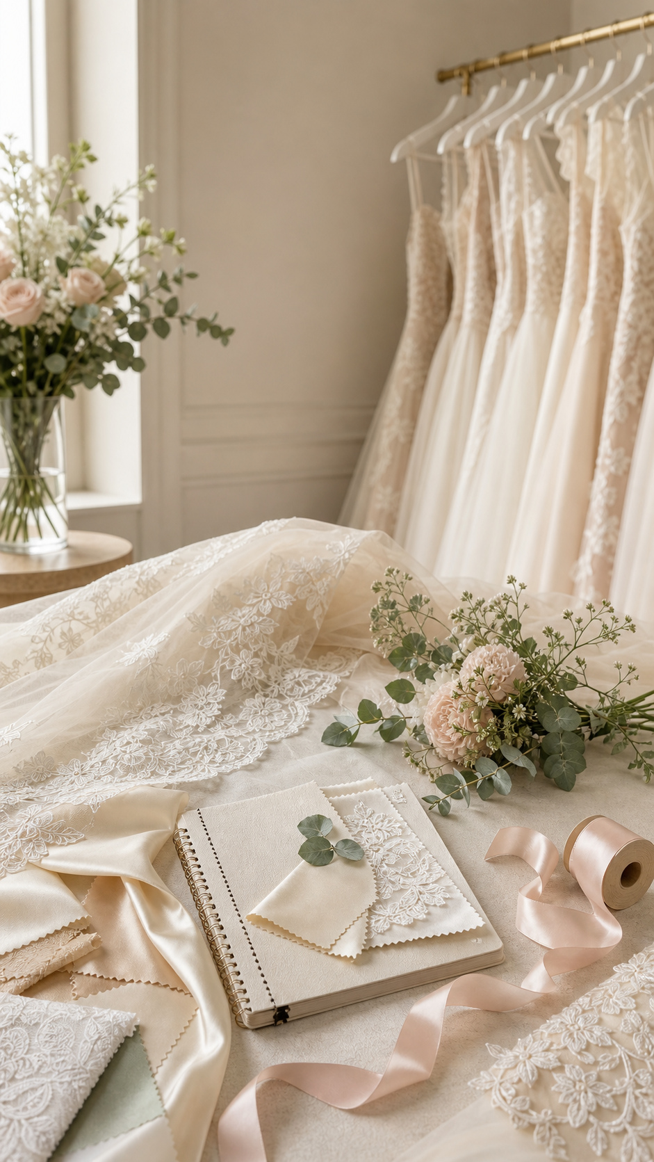 Mesa de atelier con muestras de tejidos, encaje, flores y vestidos de novia al fondo.