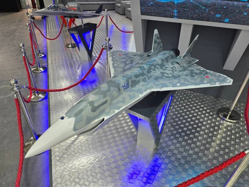 Scale model of the unmanned drone version of the Sukhoi Su-75 Checkmate
