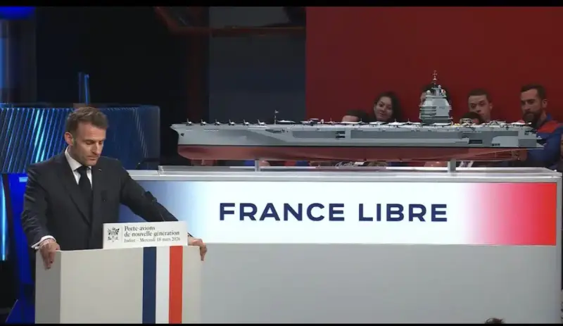 French President Emmanuel Macron at the naming ceremony for the PANG aircraft carrier