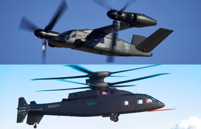 Future Long Range Assault Aircraft (FLRAA) competitors, Bell V-280 Valor (top) and Boeing/Sikorsky Defiant X (bottom)