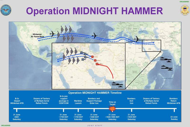 Operation Midnight Hammer map with timeline of the operation