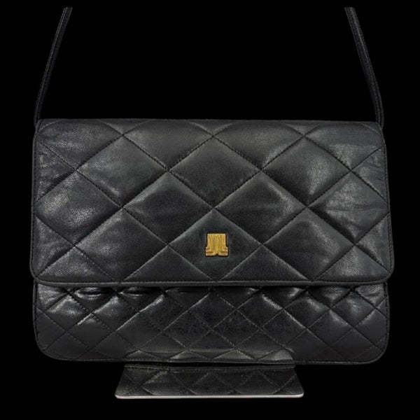 Sac bandoulière matelassé Lanvin vintage — cuir noir & logo doré