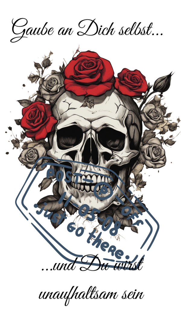 Handyhintergrund „Unaufhaltsam“ – Totenkopf mit Rosenkranz & Motivationsspruch