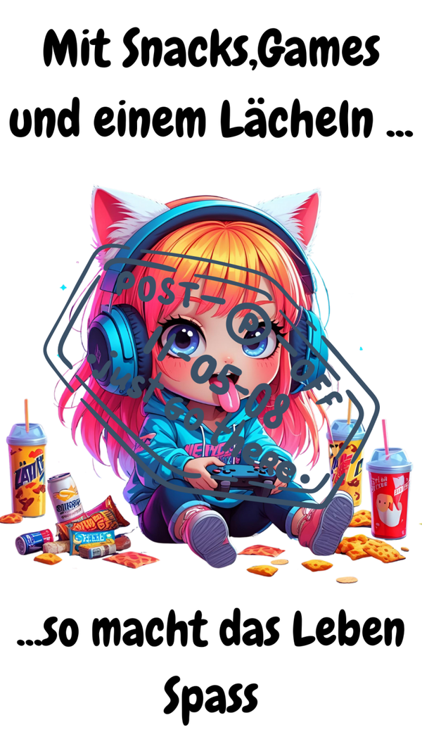 Handyhintergrund „Snacks, Games & Fun“ – Gaming-Chibi mit Spruch