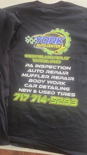 Black T-shirt with custom York Auto Center print