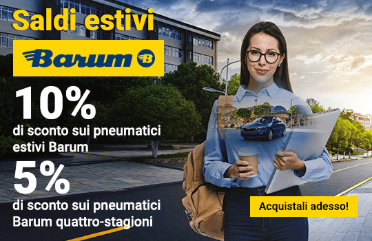 Codice di sconto: RDITBAR10 (10% di SCONTO su pneumatici estivi Barum); RDITBAR5 (5% di SCONTO su pneumatici quattro-stagioni Barum) Dal 30/08/2023 su gommadiretto.it