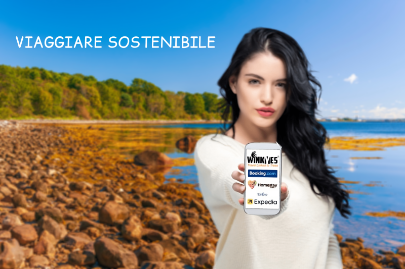 Viaggisre Sostenibile, Ragazza che mostra il logo di WINKYES Travel Linked to Trees, dallo schrmo del telefono. 