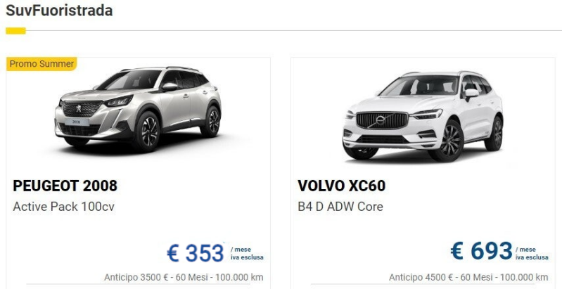 SuvFuoristrafa - Promo Summer - Peugeot 2008 Active Pack 100cv - Anticipo 3500 € e 353 €/mese per 60 mesi con 100000 km o VOLVO XC60 B4 ADW Core - Anticipo 4500 € e 693 €/mese per 60 mesi con 100000 km