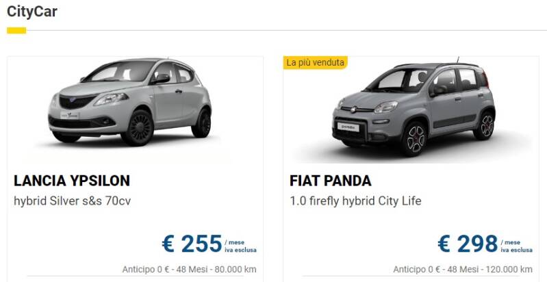 CityCar - Lamcia Ypsilon modello hybrid Silver s&s 70cv  - Anticipo Zero € 255 mese iva esclusa per 48 mesi e 80000 km e La più venduta FIAT PANDA 1.0 firefly hybrid City Life - Anticipo Zero € 298/mese iva esclusa e 120000 km