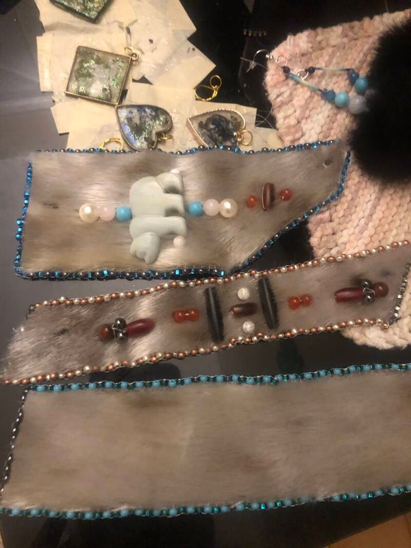 Natural Sealskin Pompom Earrings & Beaded Sealskin Bracelets with Bone Beads, Semi-Precious Stones,
