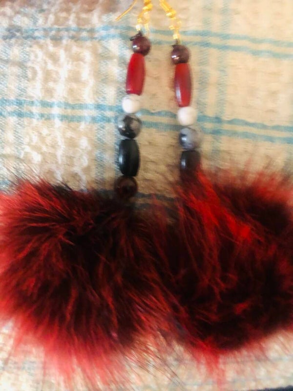Custom Red/Lavender/Regular Raccoon Earrings with Semi-Precious Stones & Bone Beads