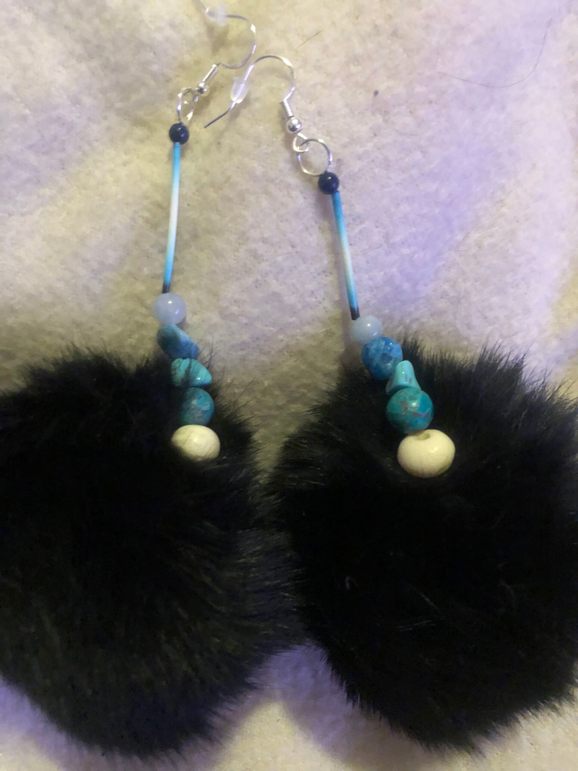 Large Sized Rabbit Fur Pompom Earrings with Porcupine Quills, Bone Beads & Semi-Precious Stones