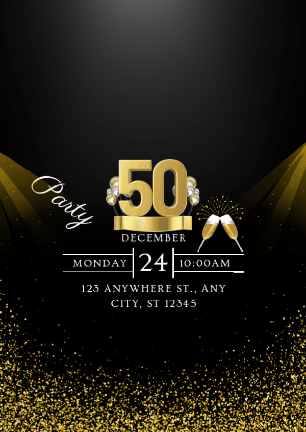 Invitație video 50 ani / 50th Birthday Video Invitation personalizată, elegantă, cu design auriu