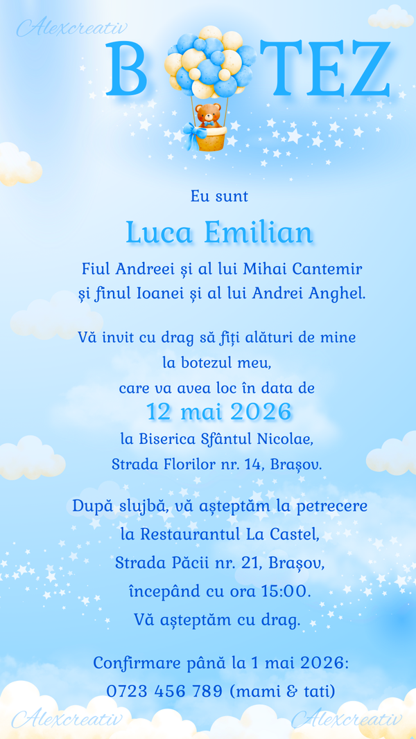 Invitație Digitală Botez Băiețel cu Nori și Baloane Model Personalizat