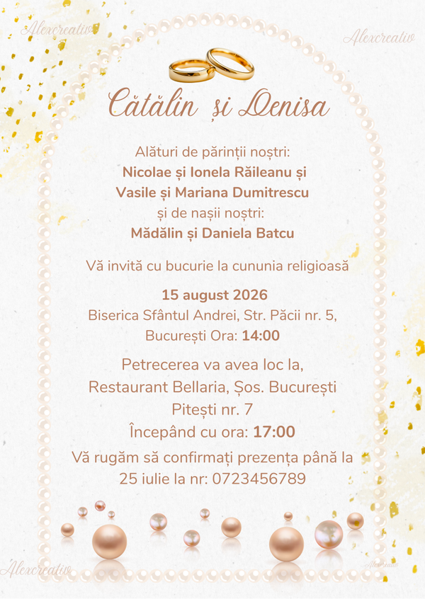 Invitație delicată cu accente aurii și perle