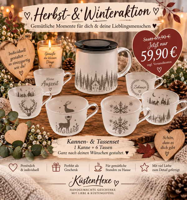 Personalisiertes Kannen- & Tassenset – 1 Kanne + 6 Glastassen