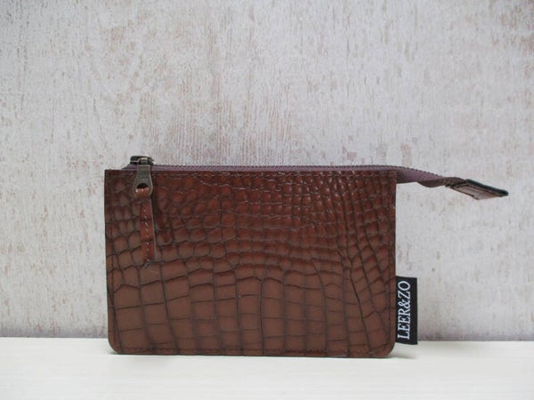 Donkerbruin leren portemonnee met print