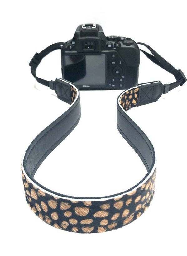 Leren camera riem cheetah/black
