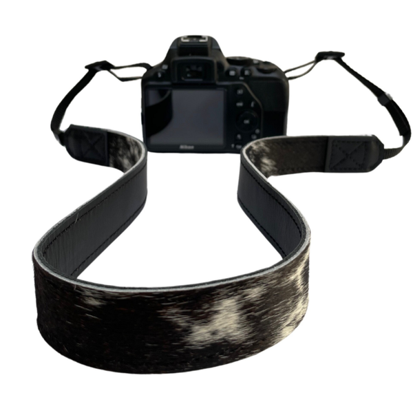 Leren camera riem koeienhuid zwart/wit