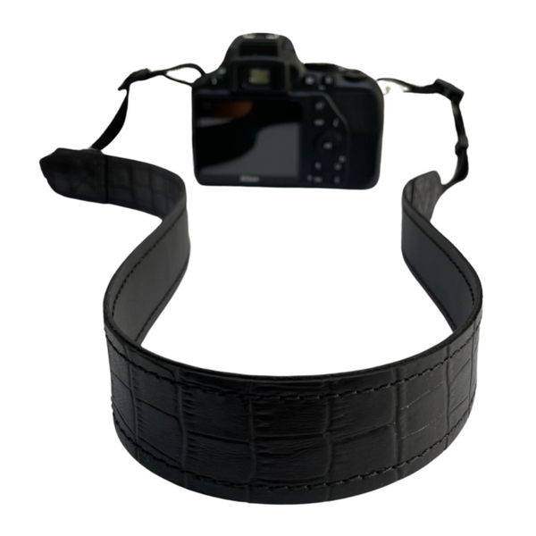 Leren camera riem zwart croco  2