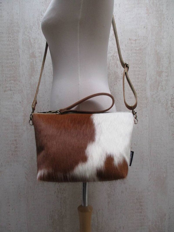 Cognac leren schoudertas cognac/wit koeienhuid 2