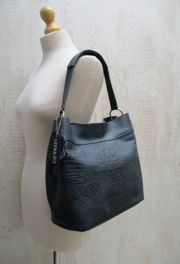 Blauw leren buideltas croco print