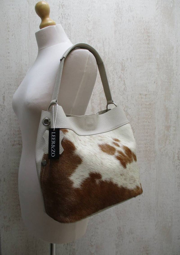 Beige leren buideltas koeienhuid cognac/wit