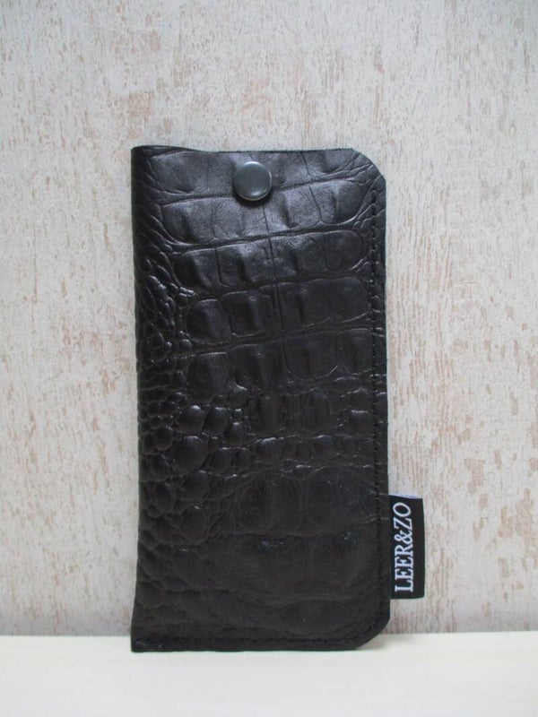 Leren brillenhoes zwart croco grootmodel