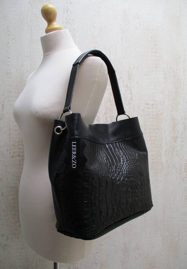 Zwart leren buideltas croco print