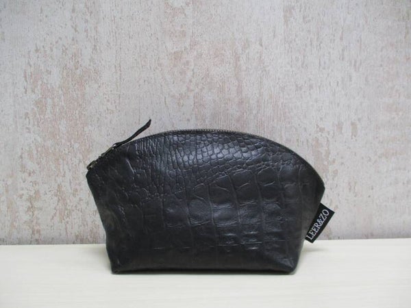 Leren make-up tas zwart croco print