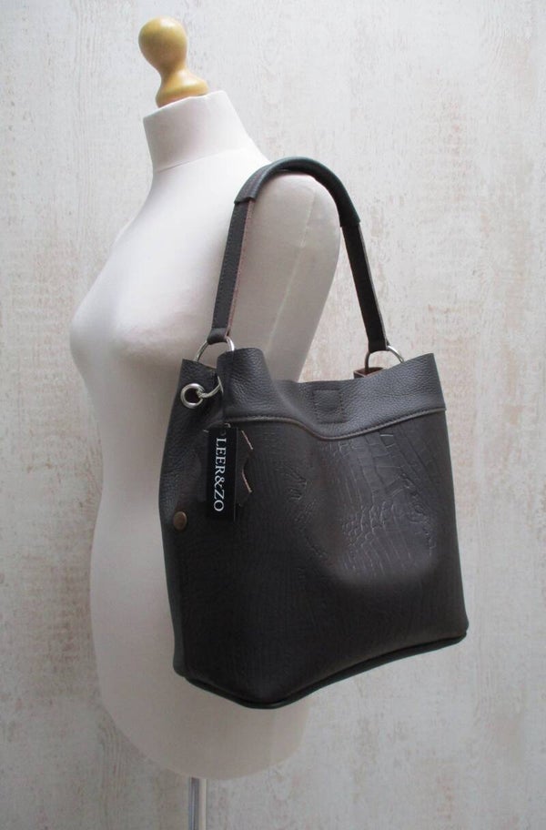 Bruin leren buideltas croco print