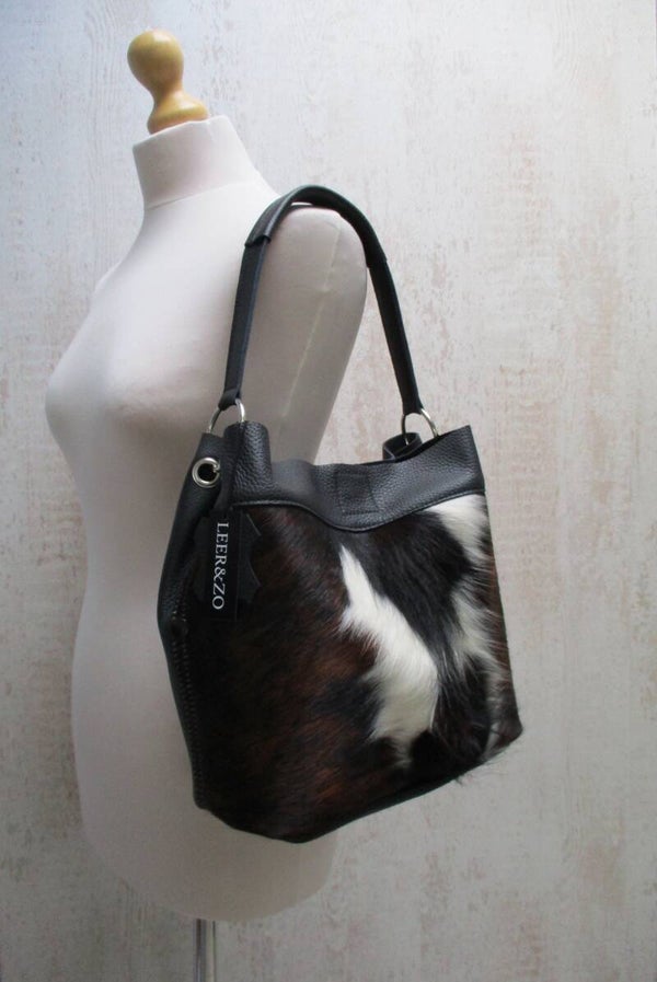 Zwart leren buideltas koeienhuid tricolor 3