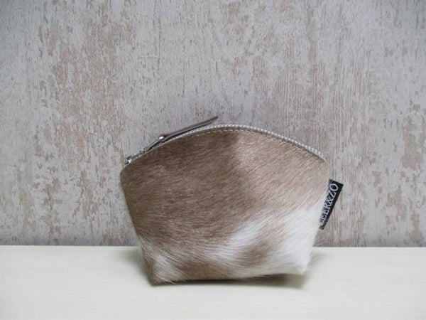 Koeienhuid make-up tasje taupe/wit
