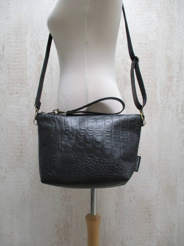 Zwart leren schoudertas croco print