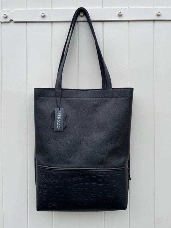 Zwart leren tote bag croco print