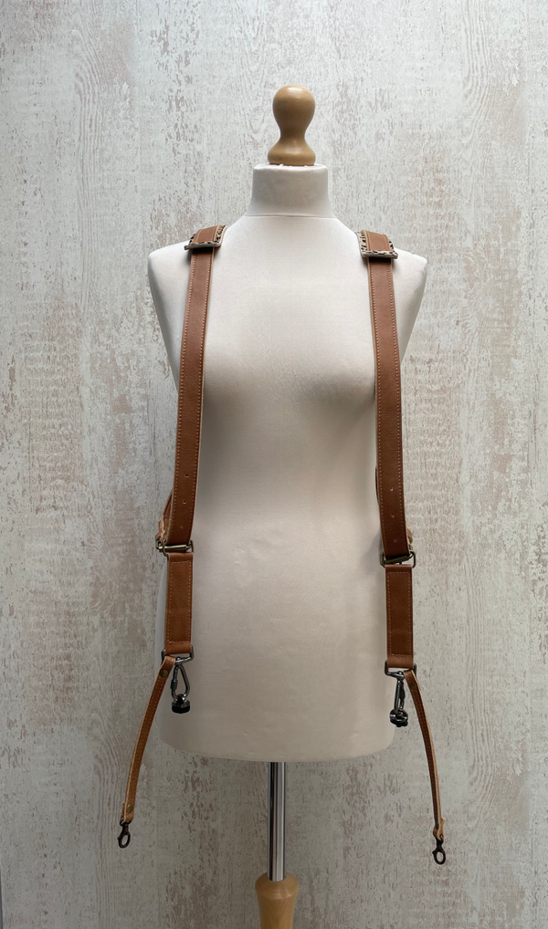 Leren cameraharnas cognac cheetah print