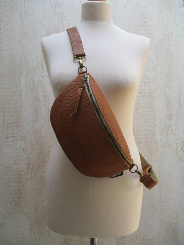 Leren fanny pack / heuptas cognac croco