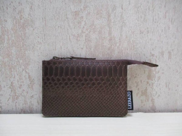Donkerbruin leren portemonnee slangen print