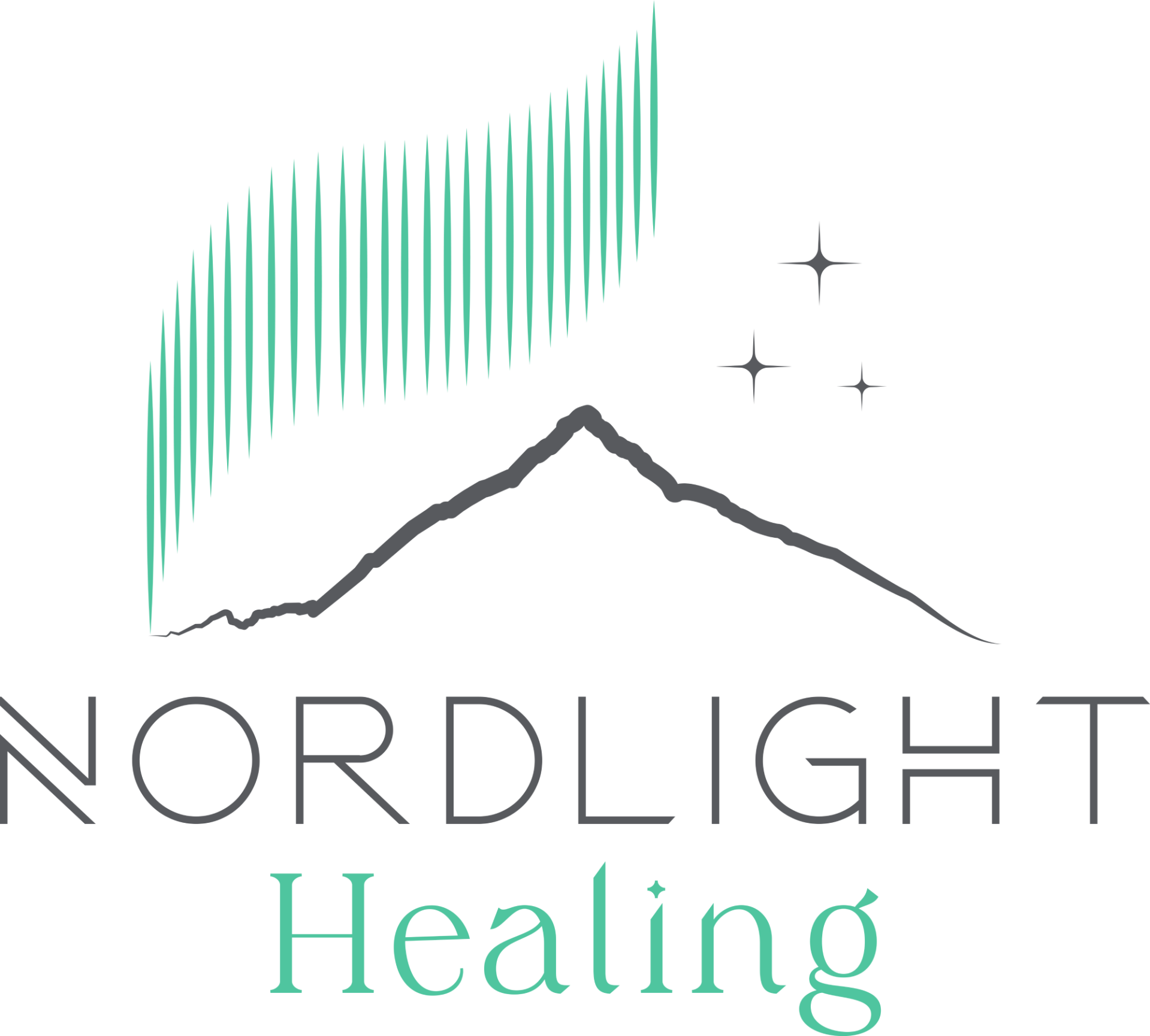 Nordlight Healing business logo with aurora, stars, and a mountain